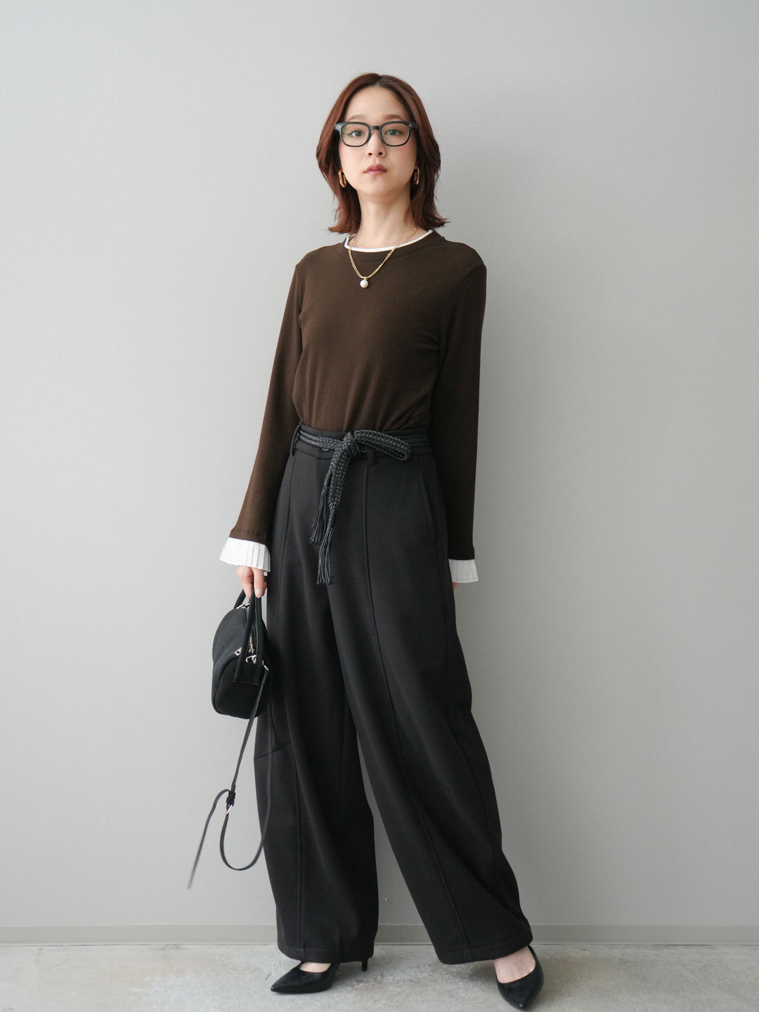 [予約]ベルト付裏起毛センターシームカーブパンツ/black