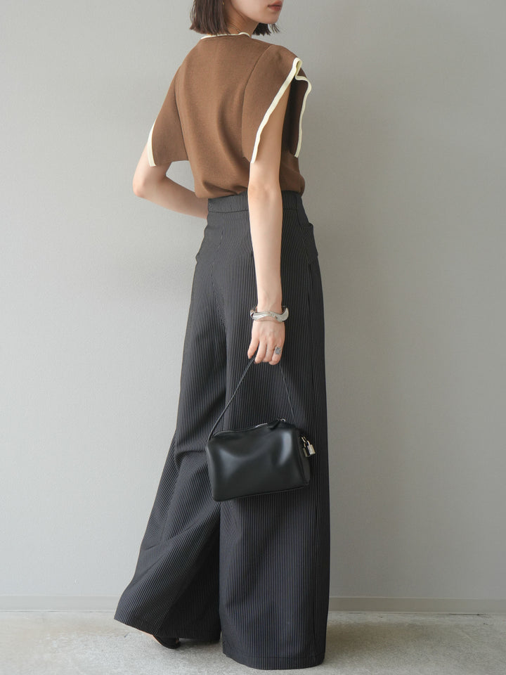 【預購】條紋裹腰闊腿褲/黑色