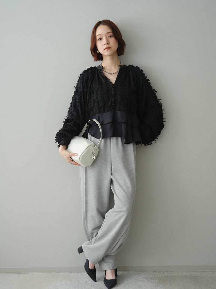 [SET]ジャガードぺプラムフリルブラウス+2WAYデザインスウェットパンツ(2set)