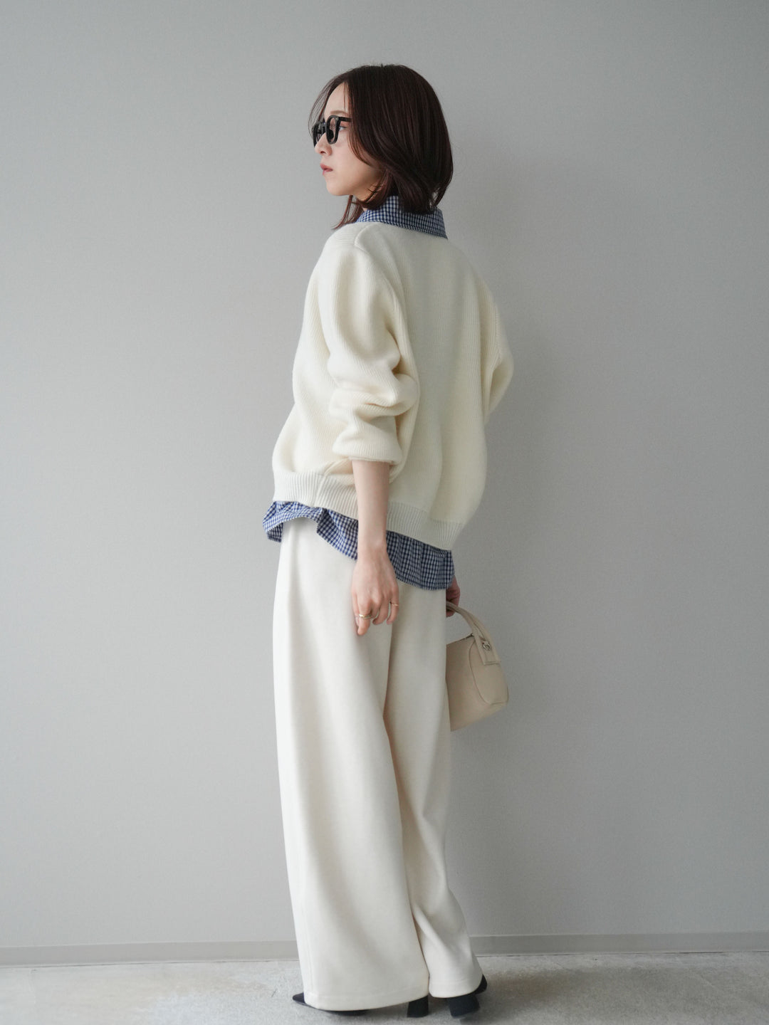 [SET]チェックシャツ襟ニットカーディガン+編み込みベルト付きウエスト配色スエットパンツ(2set)