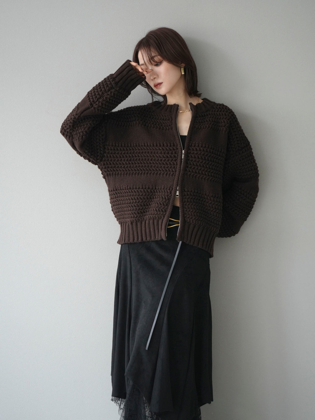 [予約]ケーブル編みZIPニットカーディガン/brown