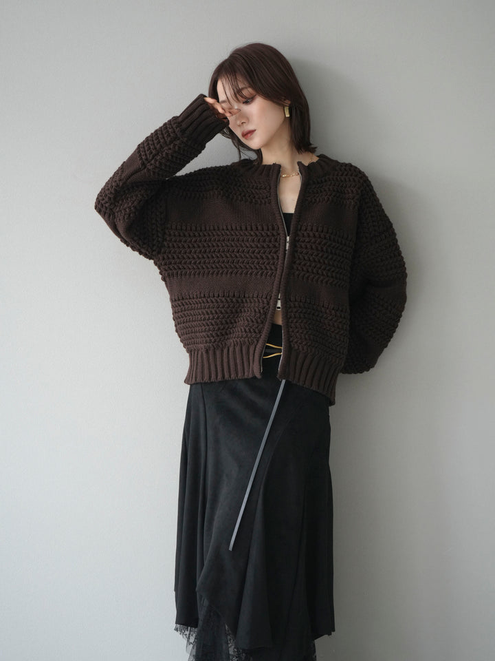 [予約]ケーブル編みZIPニットカーディガン/brown