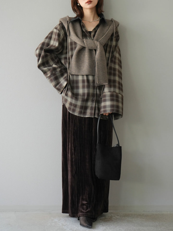[SET]レザー襟オンブレチェックオーバーシャツ +クラッシュベロアナロースカート(2set)