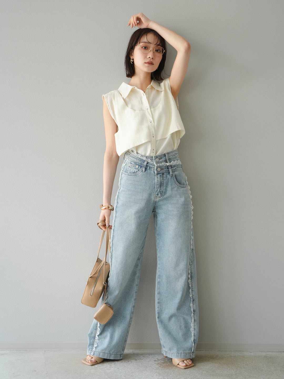 【預購】Line蕾絲牛仔褲/淺藍