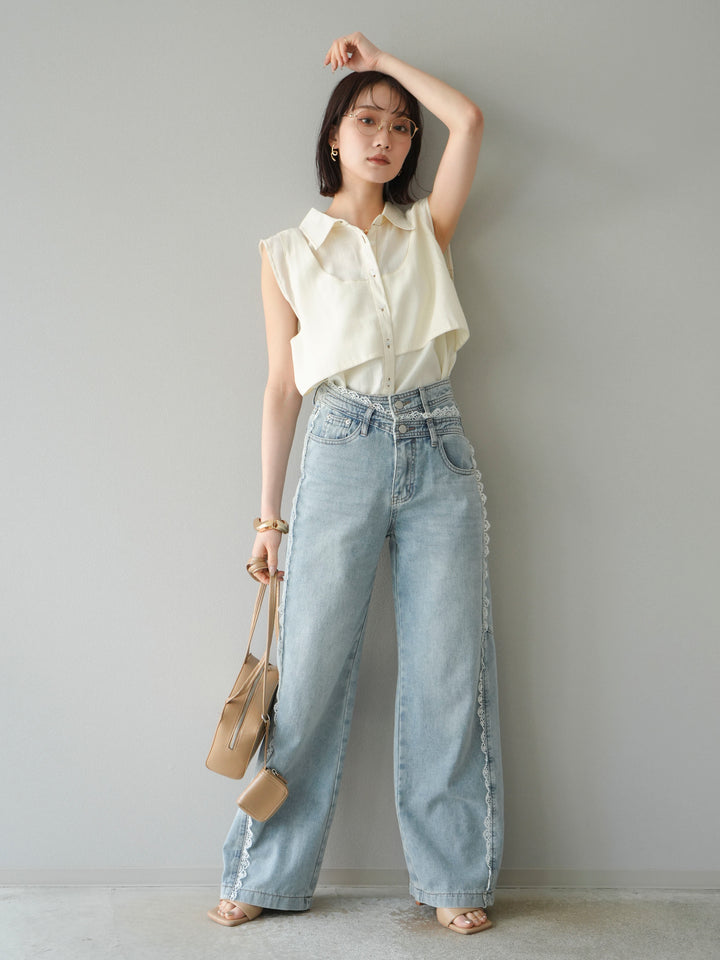 【預購】Line蕾絲牛仔褲/淺藍