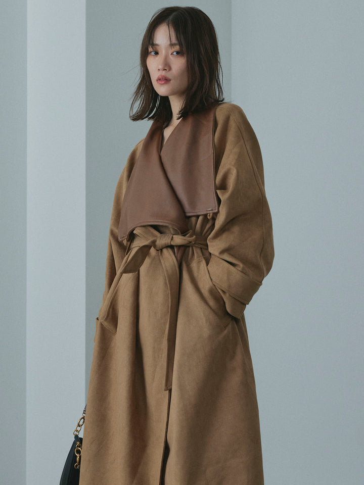 【Allure】[SET]ニットベアトップ＆ワイドパンツSET UP+レザーカラースウェードロングコート(2set)