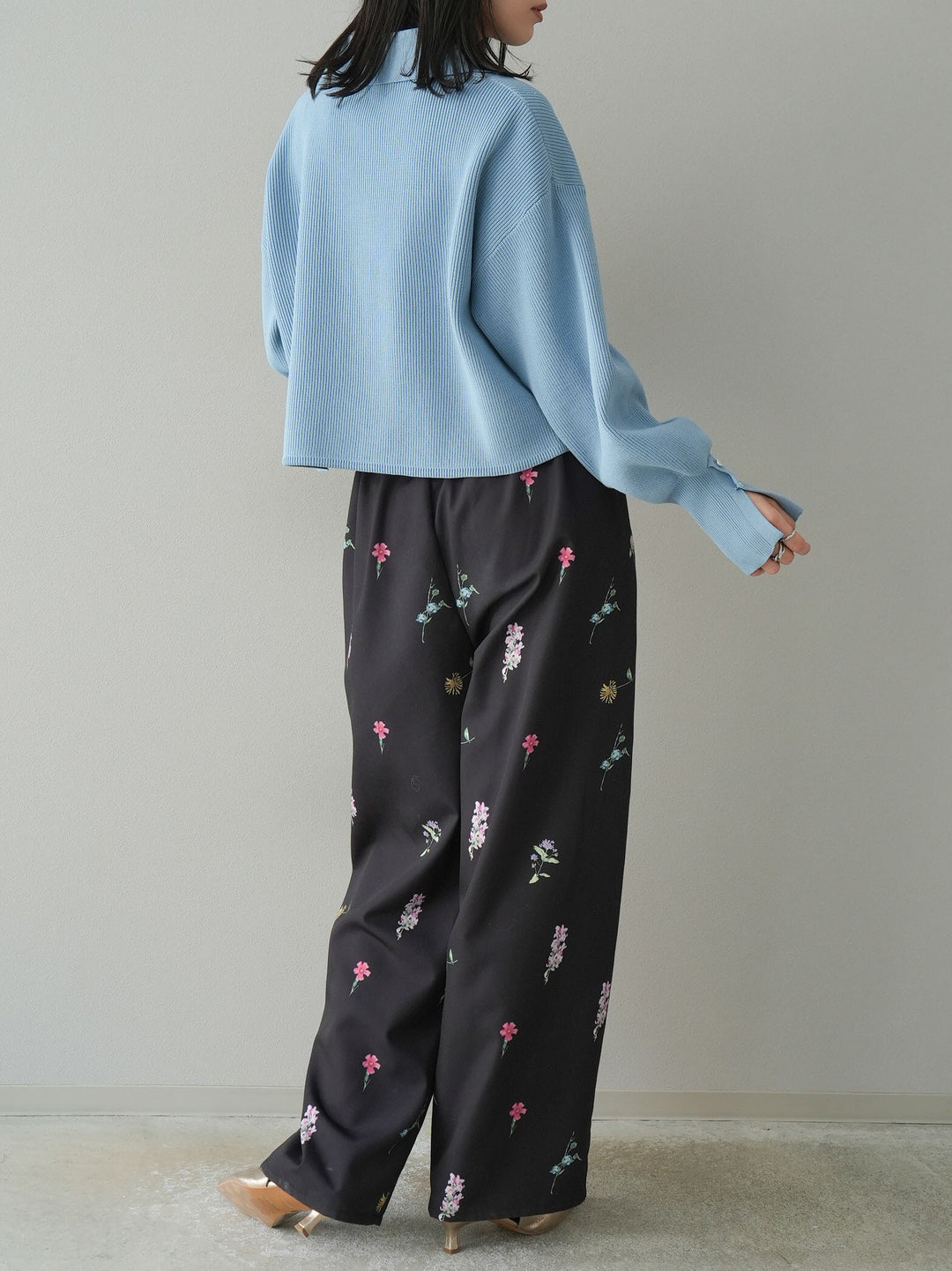 [SET]ボリュームスリーブポロニットカーディガン+フラワーアートプリントタックパンツ(2set)