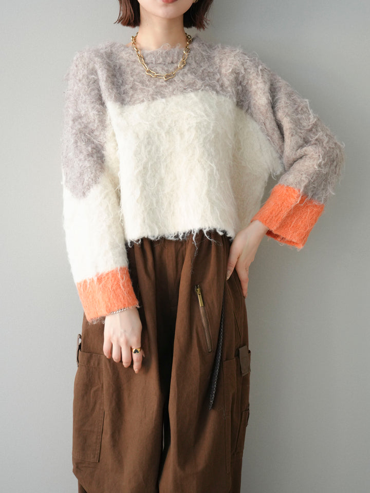 [SET]バイカラーモヘアタッチニットプルオーバー+コットンタックループパンツ(2set)