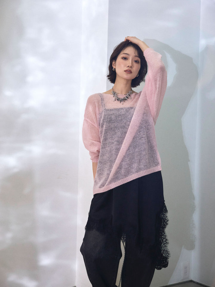 【Allure】[SET]モヘアタッチ透かし編みボートネックニットプルオーバー+アシメカーブデニムパンツ(2set)