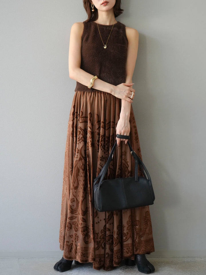 [予約]アンティーク柄フロッキーマキシスカート/ブラウン