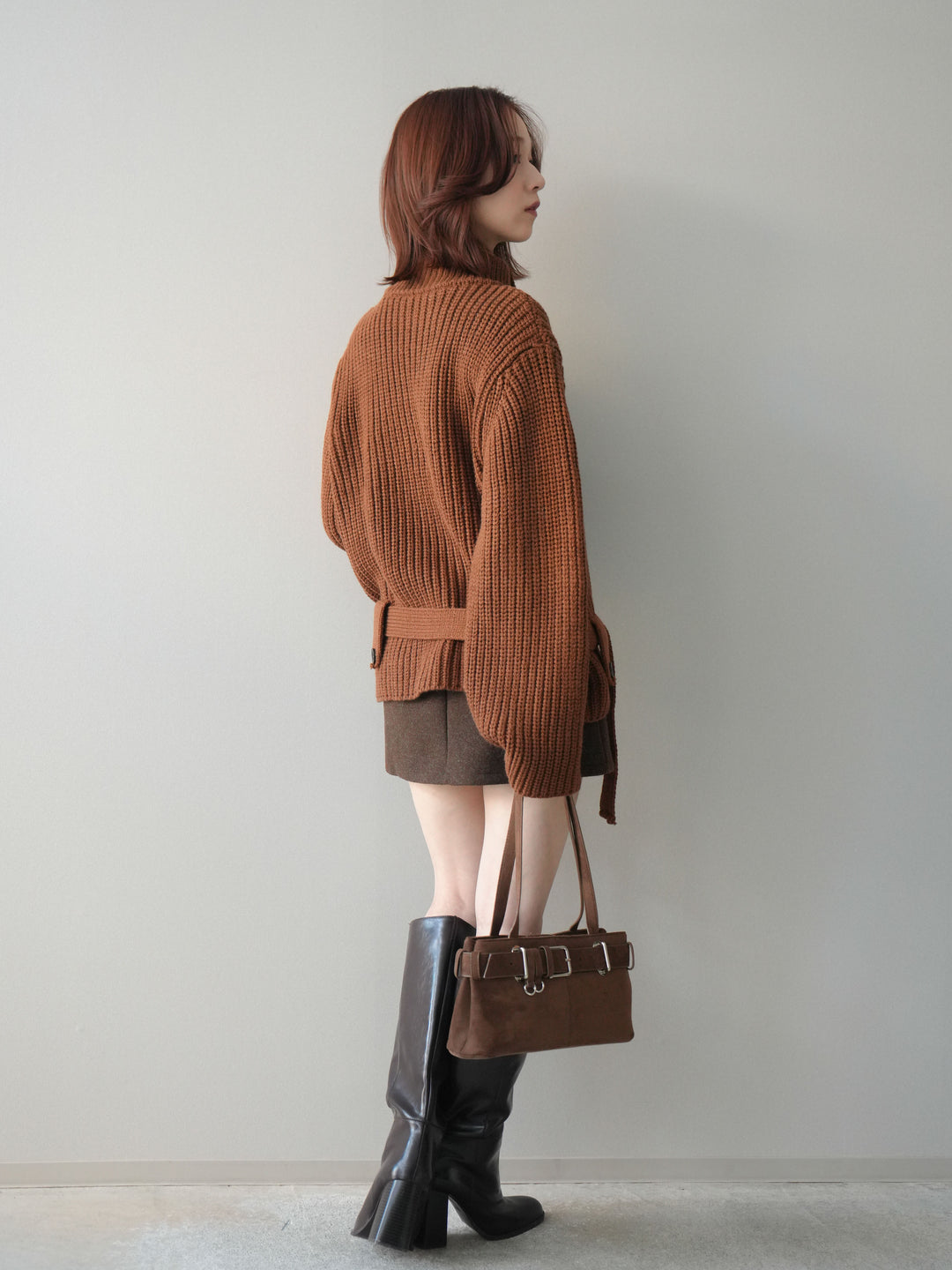 [SET]畦編みボトルネックZIPニットカーディガン+ウールタッチベルト付ミニスカート(2set)