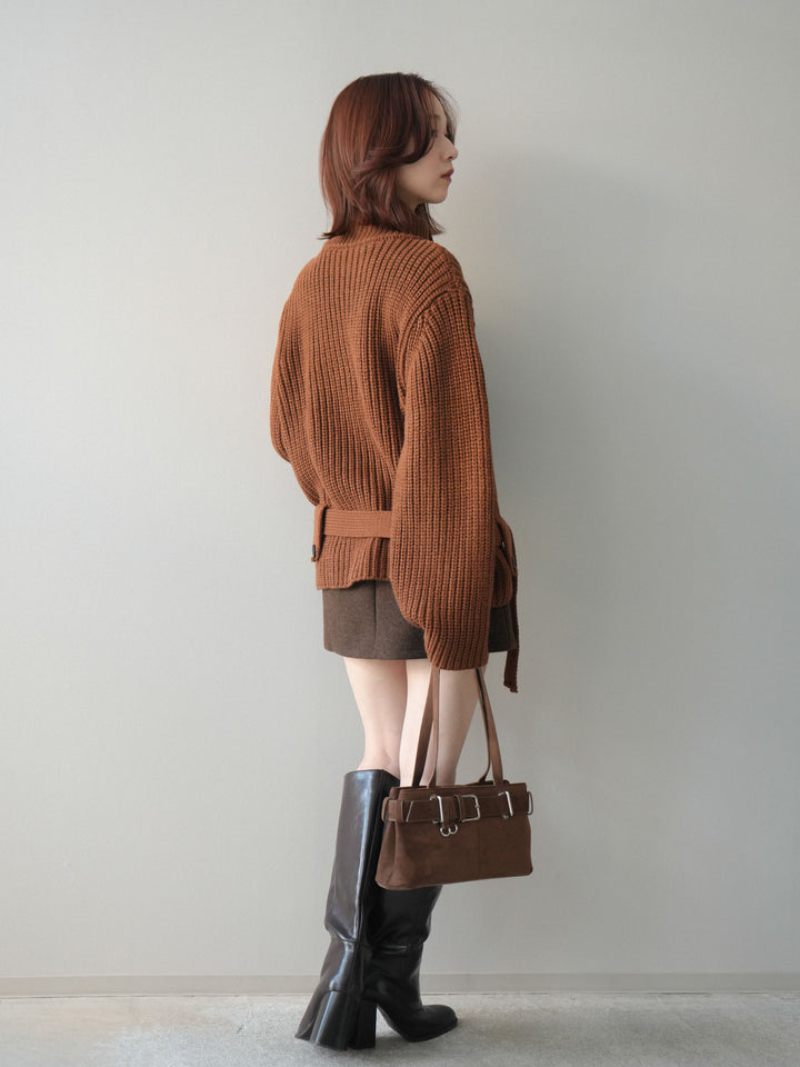 [SET]畦編みボトルネックZIPニットカーディガン+ウールタッチベルト付ミニスカート(2set)