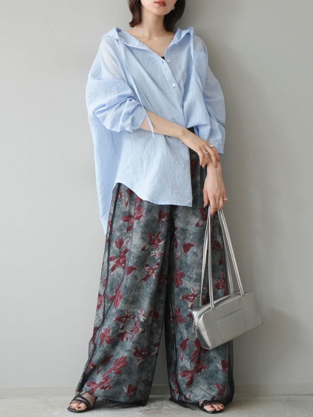 [予約]ワッシャーストライプフーディーシャツ/ブルー