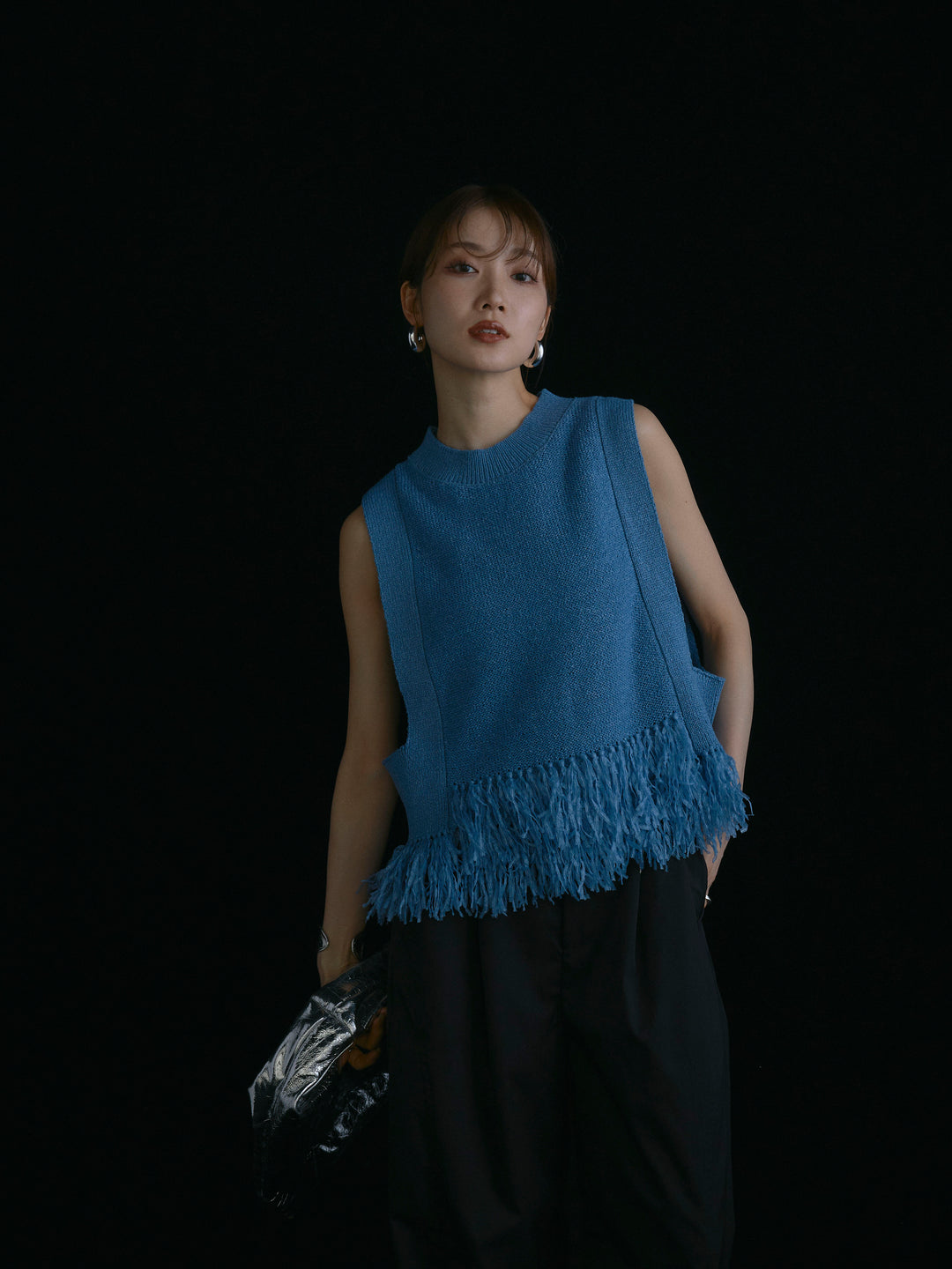 【Allure】[SET]フェザーヤーンニットベスト+タフタワイドカーブパンツ(2set)