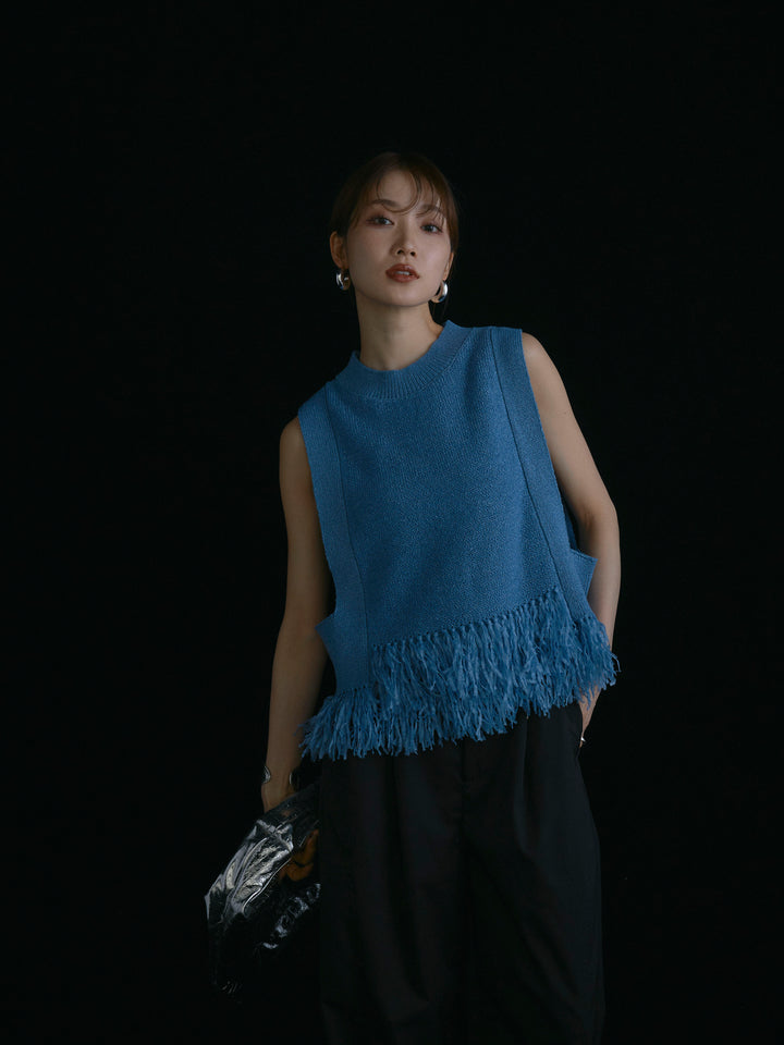 【Allure】[SET]フェザーヤーンニットベスト+タフタワイドカーブパンツ(2set)