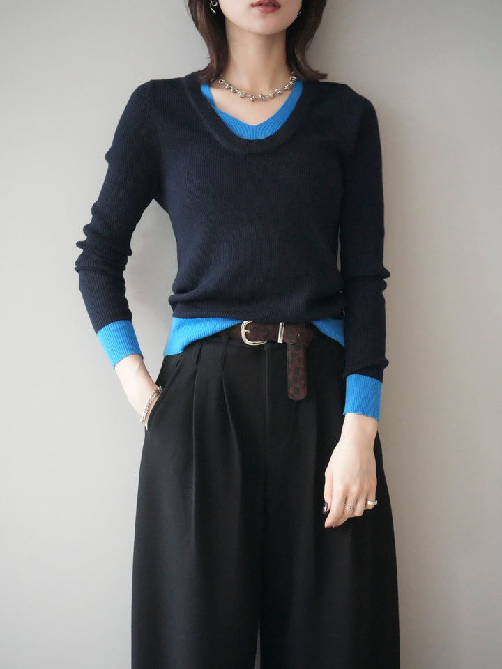 [SET]Uネック配色レイヤードリブニットトップス+アニマル柄ベルト付きウールタッチワイドパンツ(2set)