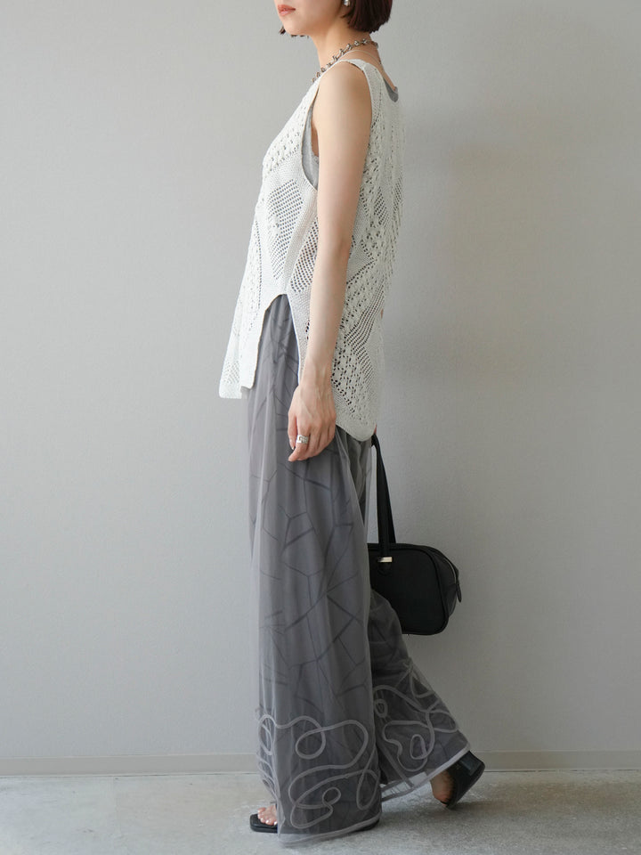 [予約]ビスコースサテンプリントタックイージーパンツ/チャコール