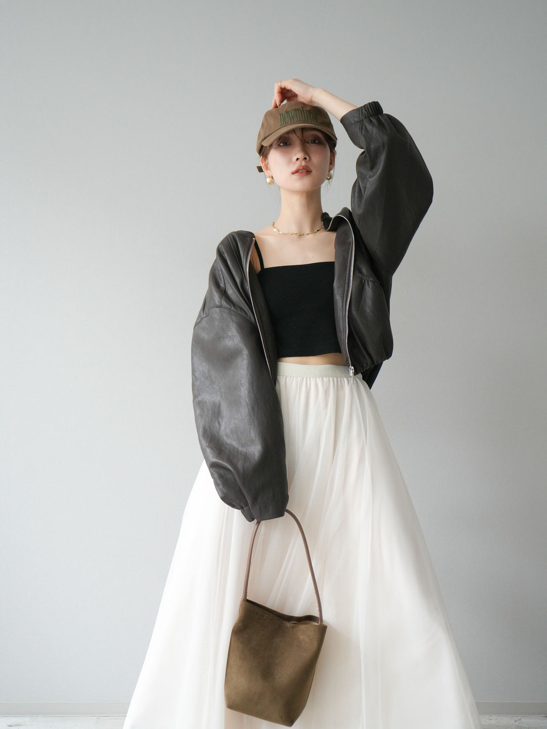 [予約]フェイクレザー裾バルーンブルゾン/ブラウン