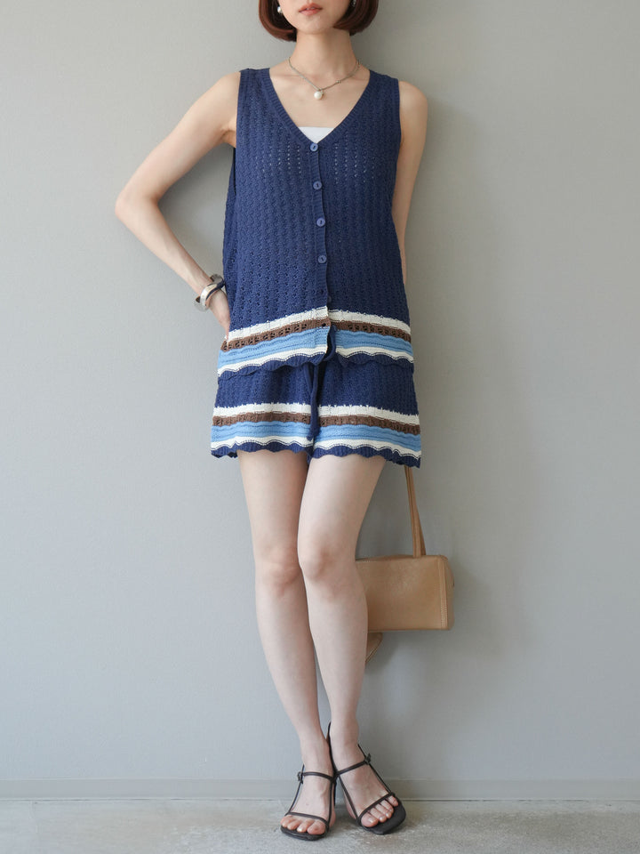 [SET]裾マルチボーダーニットベスト＆ショートパンツ SET UP(2set)