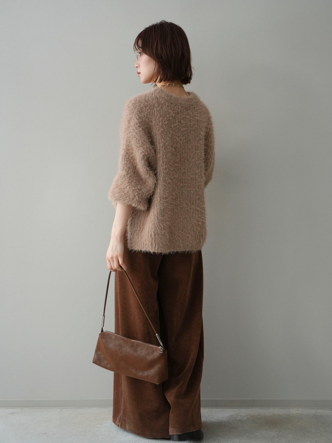 [SET]ボリュームスリーブシャギー MIXニットプルオーバー+ベルトデザインループコールテンワイドパンツ(ベルト付き)(2set)