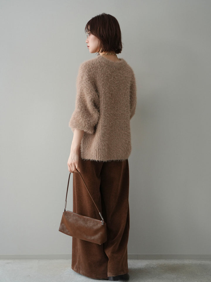 [SET]ボリュームスリーブシャギー MIXニットプルオーバー+ベルトデザインループコールテンワイドパンツ(ベルト付き)(2set)