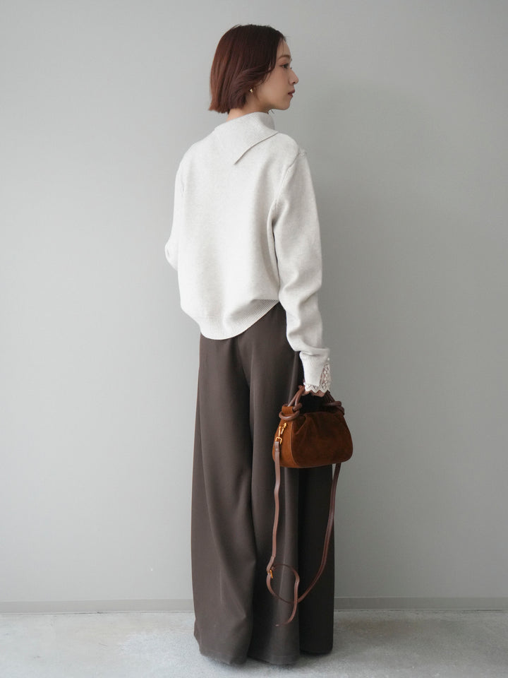 [SET]袖レースパール付き配色ニットトップス+テープベルトタックバギーパンツ(2set)