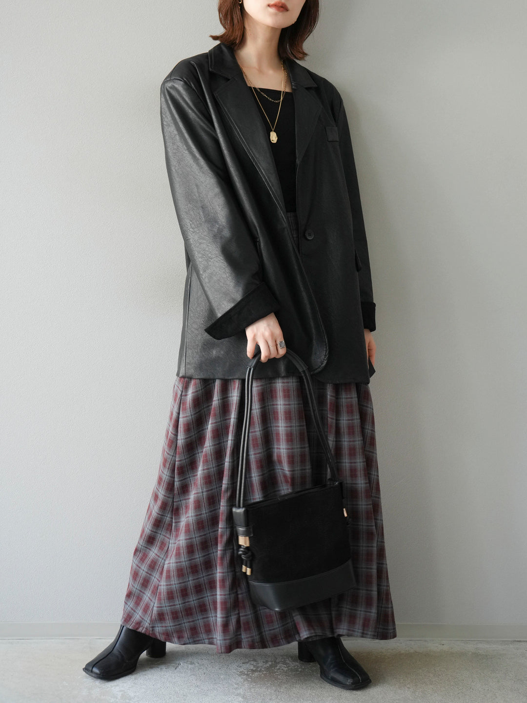 [予約]チェックタックフレアロングスカート/ ボルドー