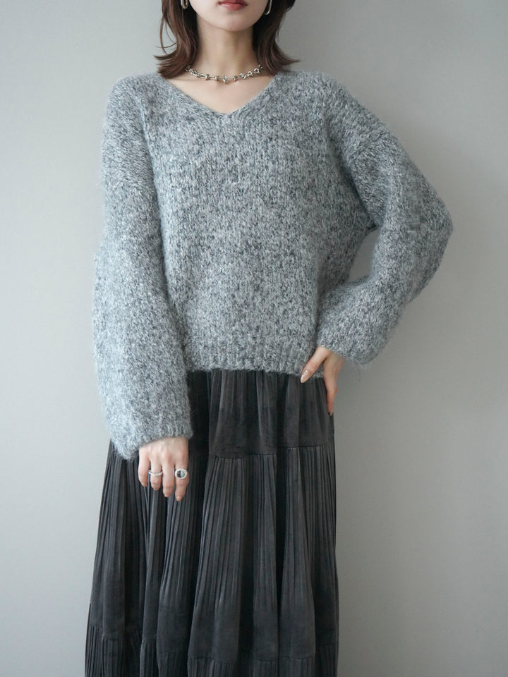 [SET]Vネックミックスヤーンニットプルオーバー+ベロアティアードワッシャースカート(2set)