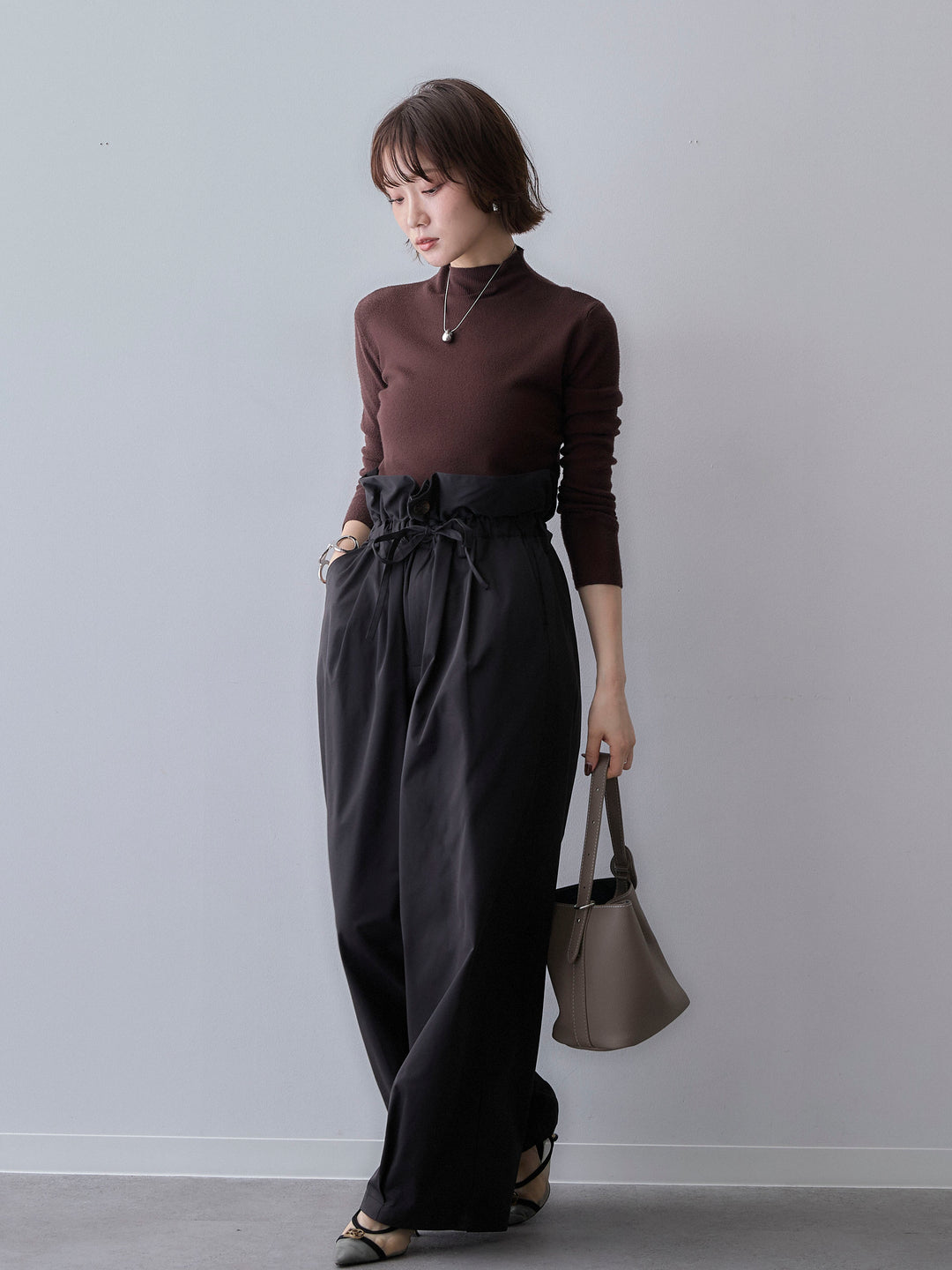[予約]モックネックリブスリムニットトップス/brown