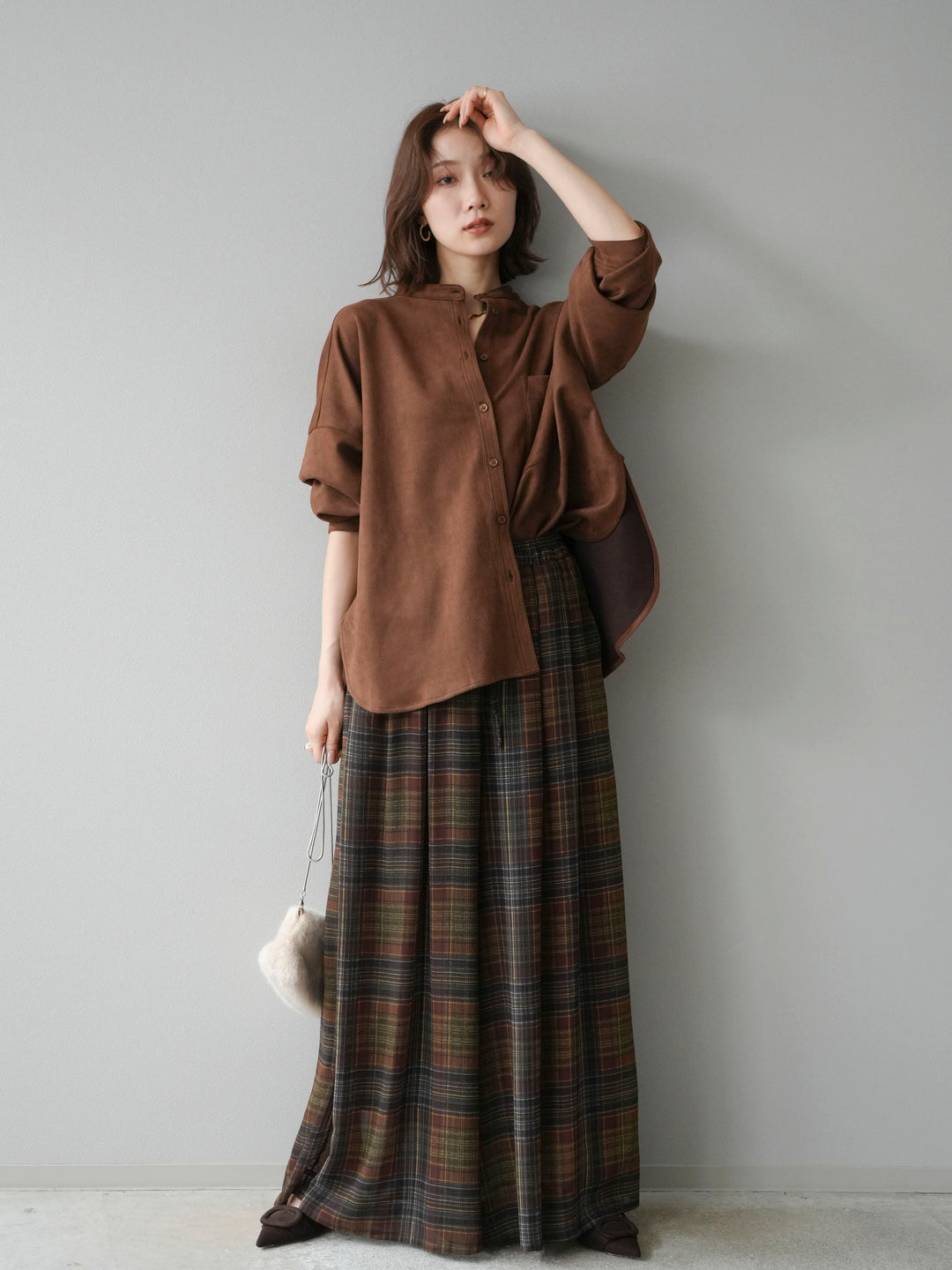 [SET]スエードバンドカラーオーバーシャツ+シアーチェックバギーパンツ(2set)