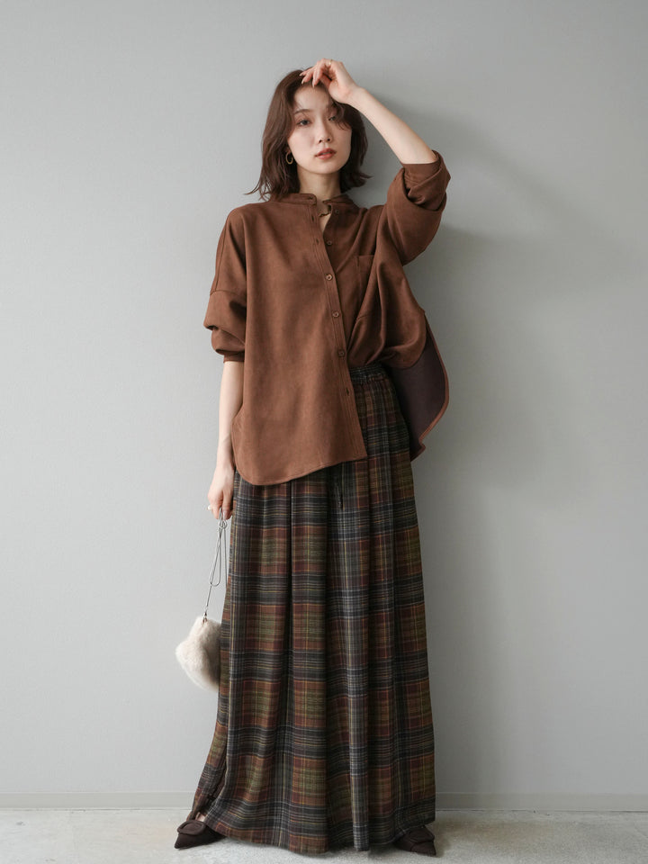 [SET]スエードバンドカラーオーバーシャツ+シアーチェックバギーパンツ(2set)