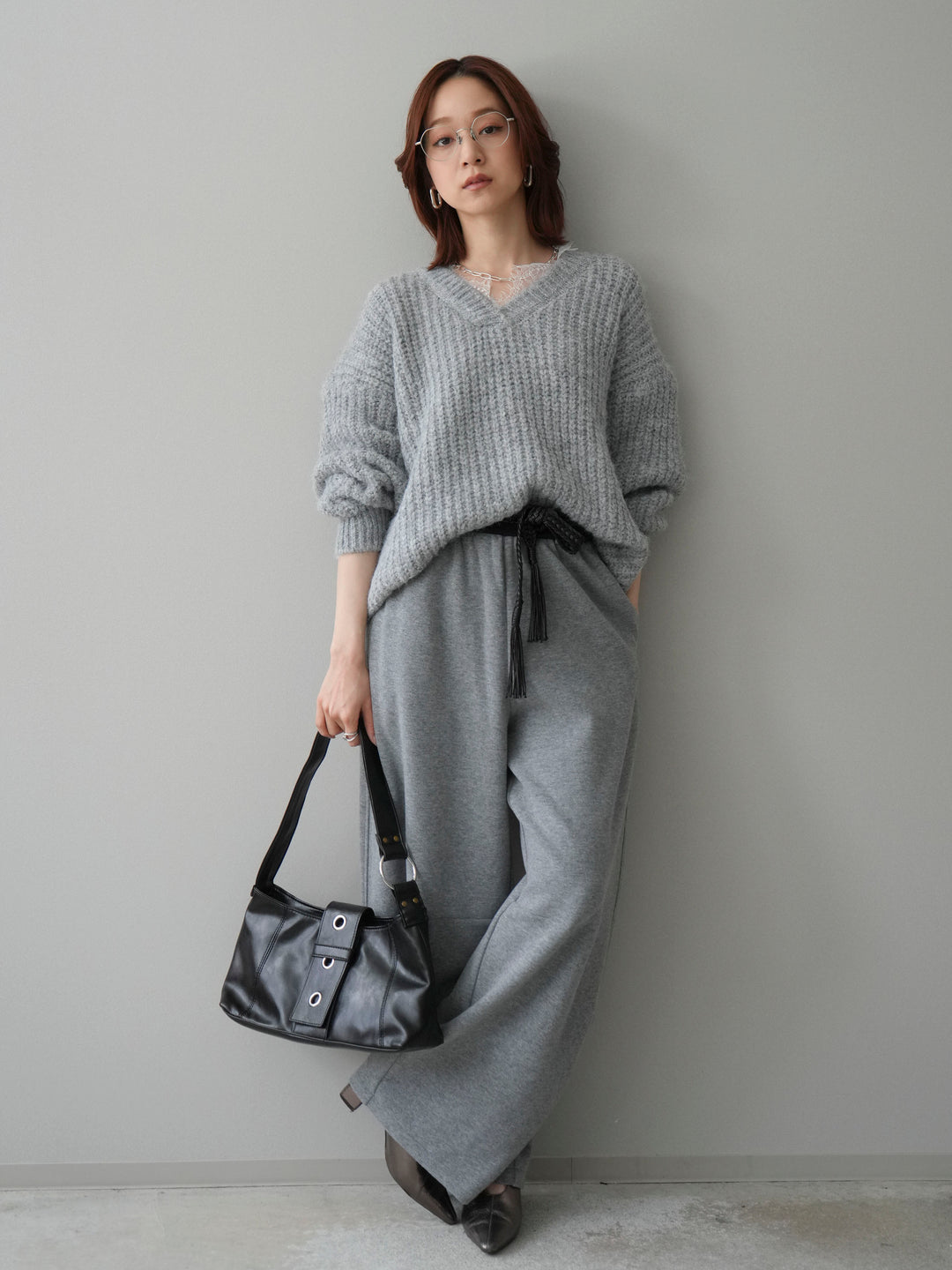 [SET]Vネックレースニットプルオーバー+編み込みベルト付きウエスト配色スエットパンツ(2set)