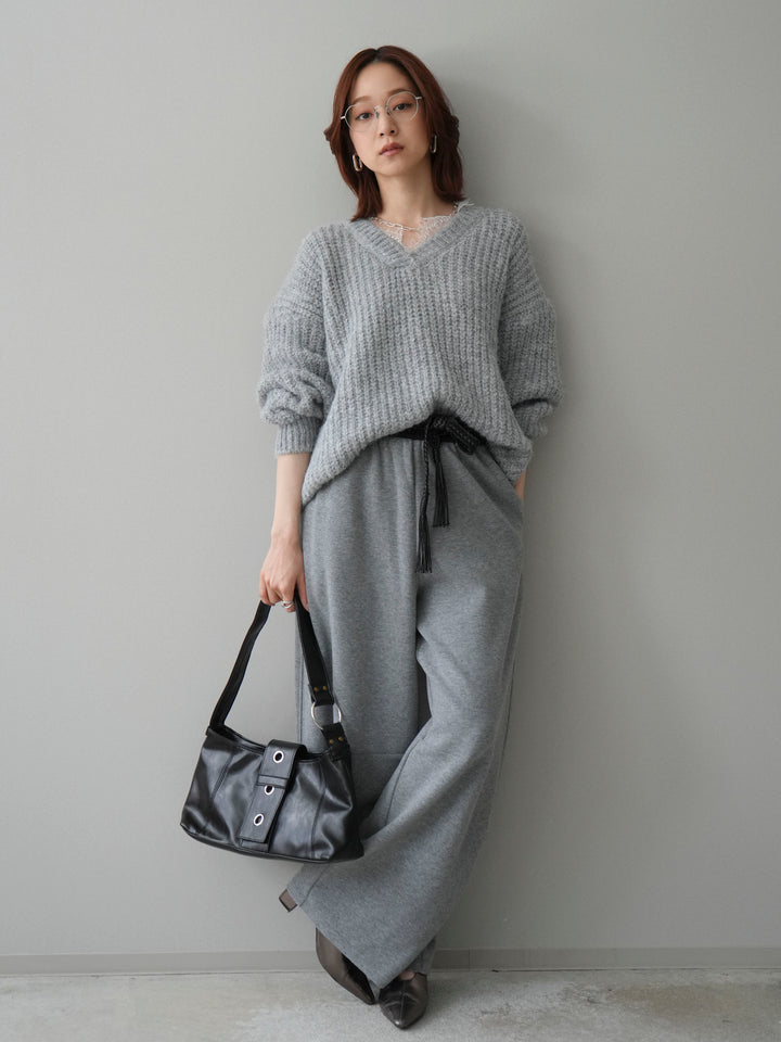 [SET]Vネックレースニットプルオーバー+編み込みベルト付きウエスト配色スエットパンツ(2set)