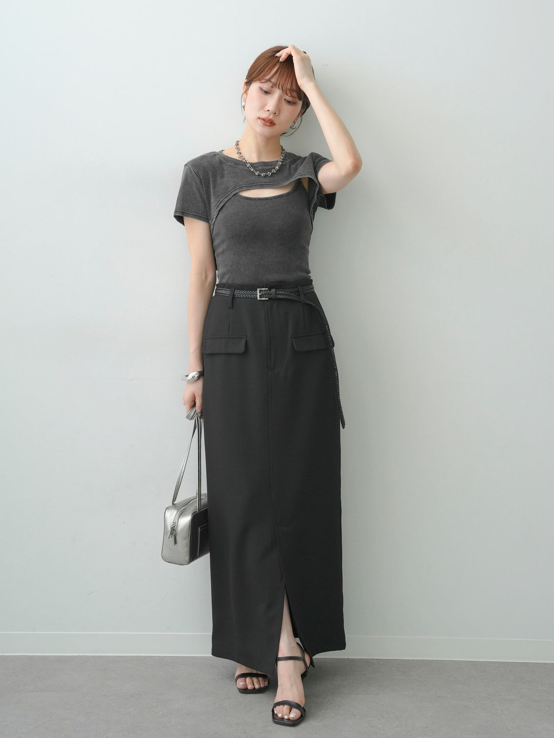 [SET]フロントオープンレイヤードトップスセット+クレープデシンフラップ付きストレートスカート(2set)