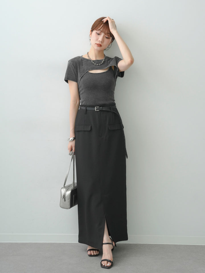 [SET]フロントオープンレイヤードトップスセット+クレープデシンフラップ付きストレートスカート(2set)