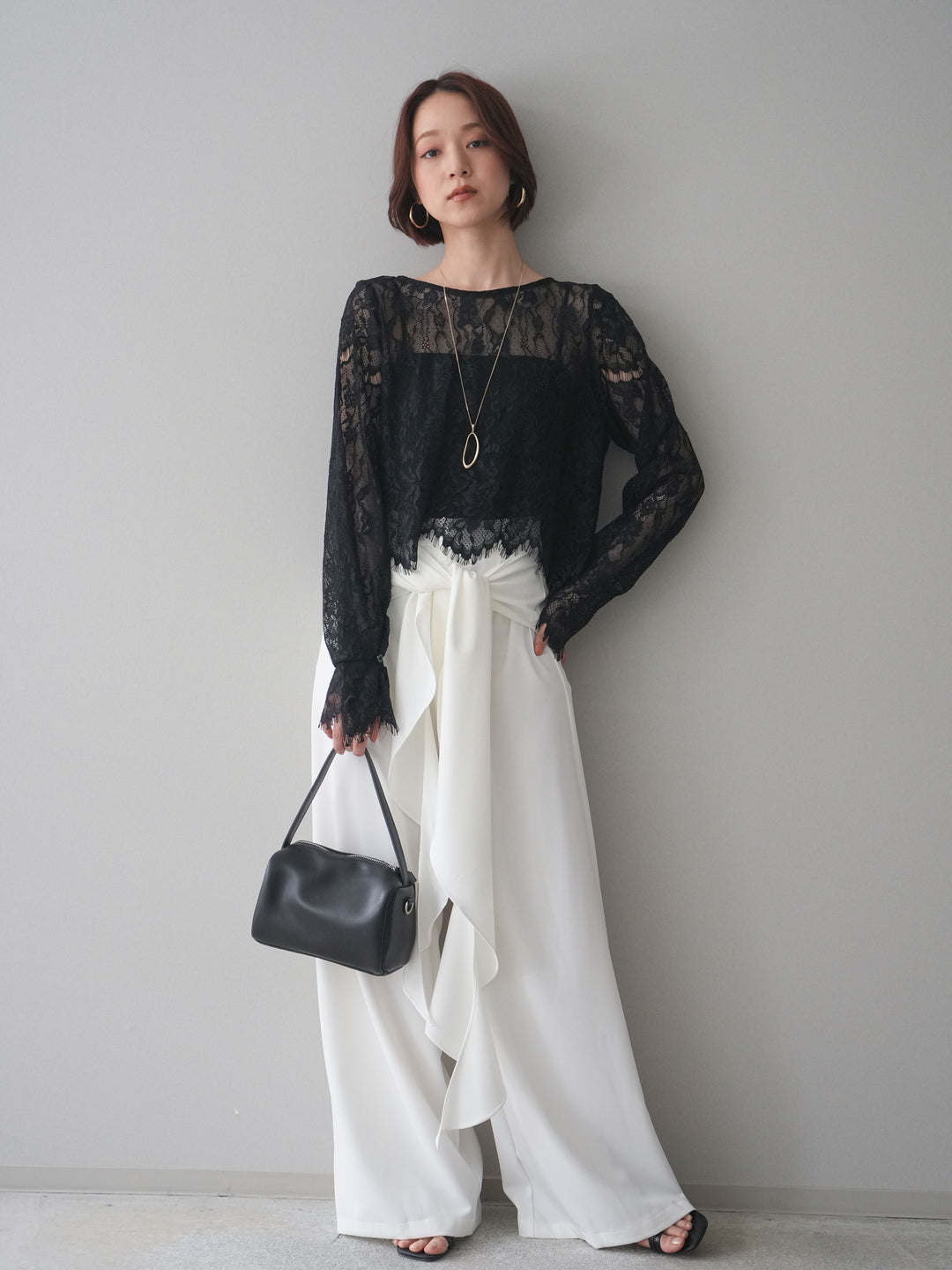 [SET]2WAYスリーブレーストップス+ラッフルベルトワイドパンツ(2set)