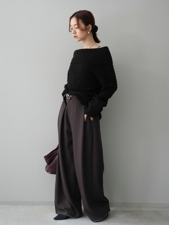 [SET]ポコポコ編みオフショルニットプルオーバー+ベルトループデザインワイドパンツ(2set)