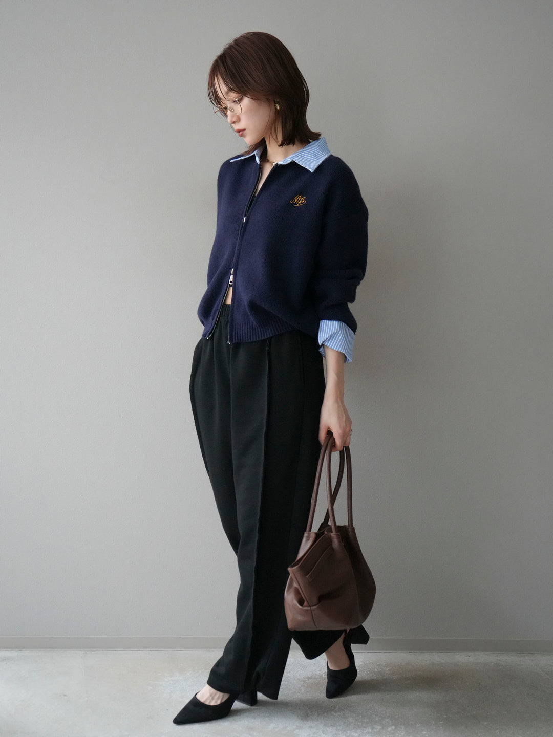 [SET]ストライプシャツレイヤードZIPニットカーディガン+2WAYデザインスウェットパンツ(2set)