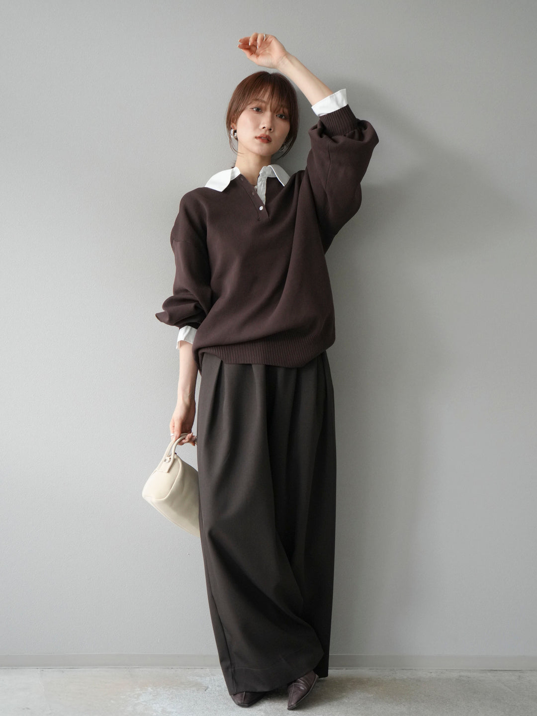 【SET】翻領polo針織套衫+雙褶闊腿褲（2件組）