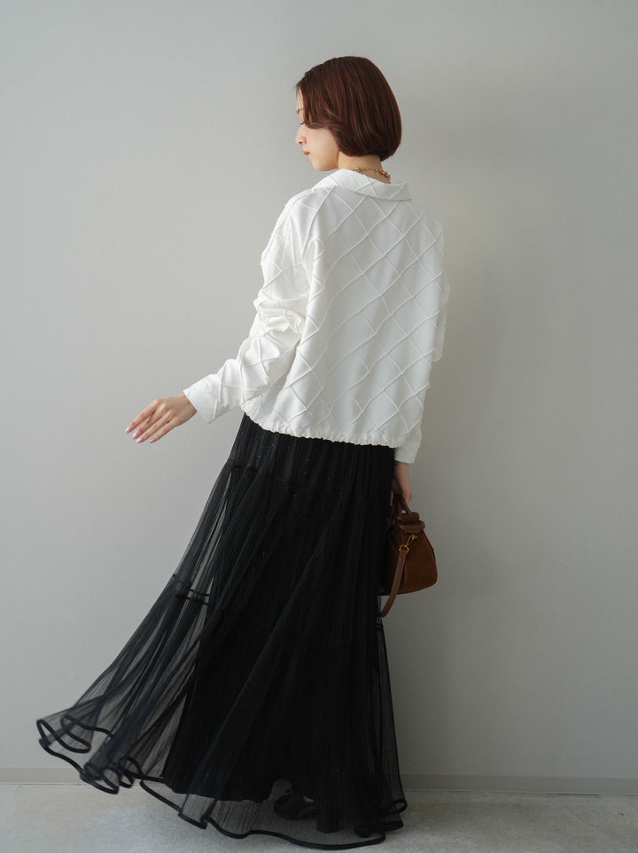 [予約]ラメプリーツレイヤードチュールロングスカート/black