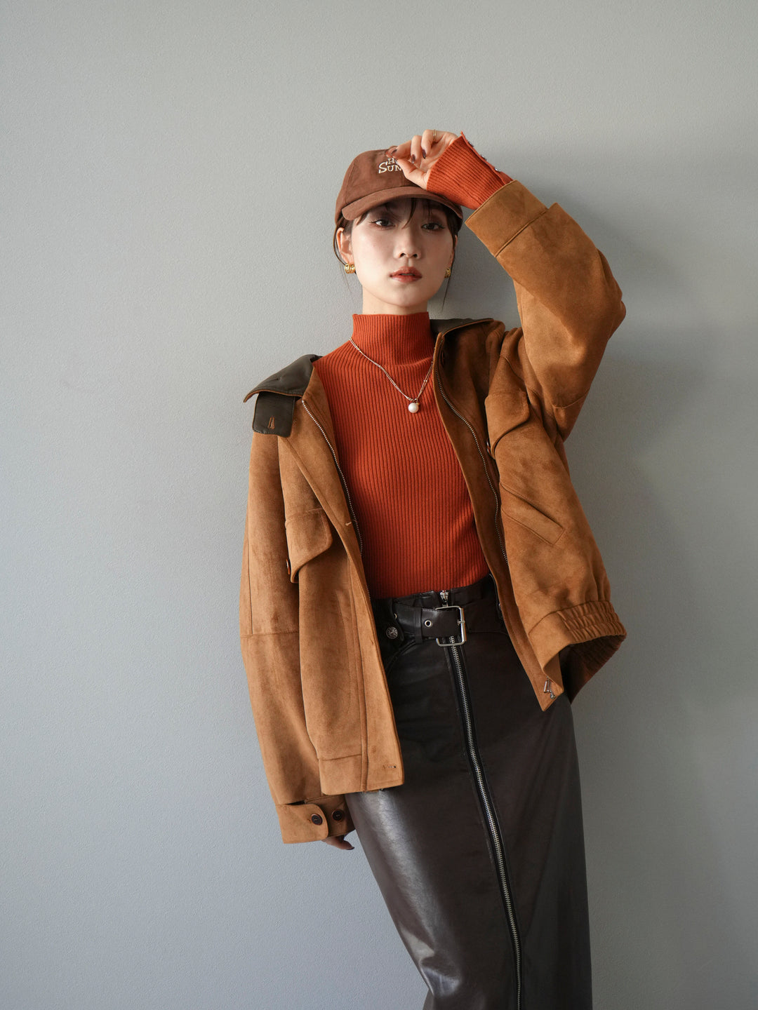 [予約]デザインポケットレザー襟スウェードジャケット/キャメル