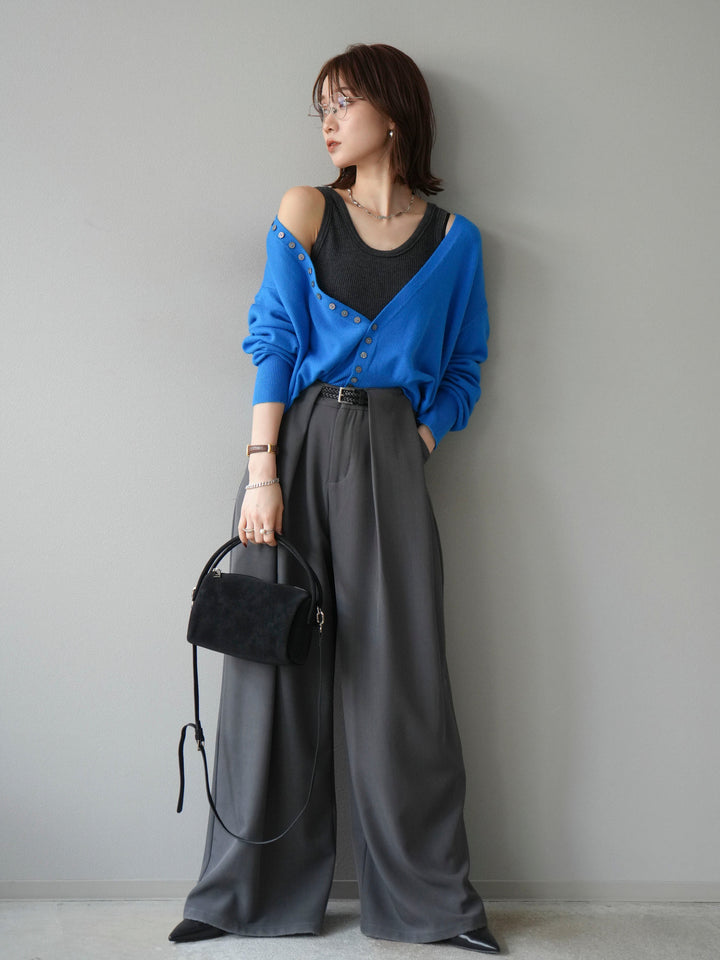 [SET]デザインボタンニットカーディガン＆タンクトップSET+ベルトループデザインワイドパンツ(2set)