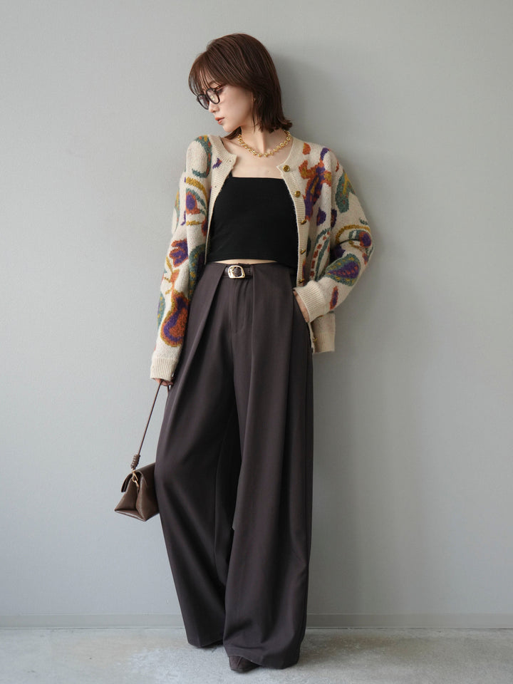 [SET]ミックスヤーンペイズリー柄ニットカーディガン+ベルトループデザインワイドパンツ(2set)