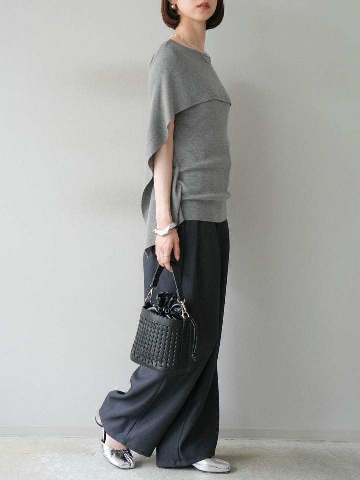 [予約]レザーパイピングタックワイドパンツ/グレー