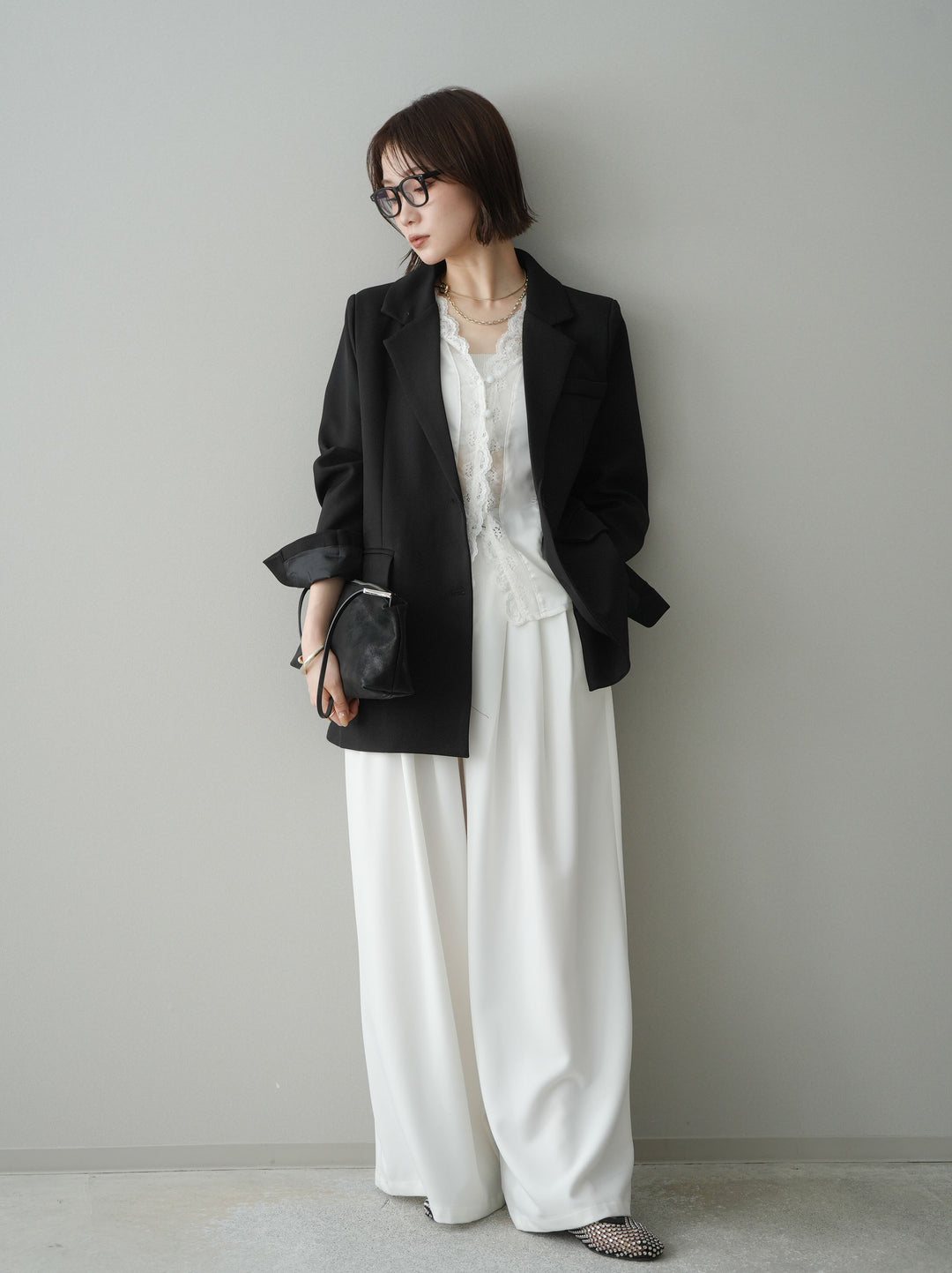 [予約]編み込みベルト付タックワイドパンツ/white