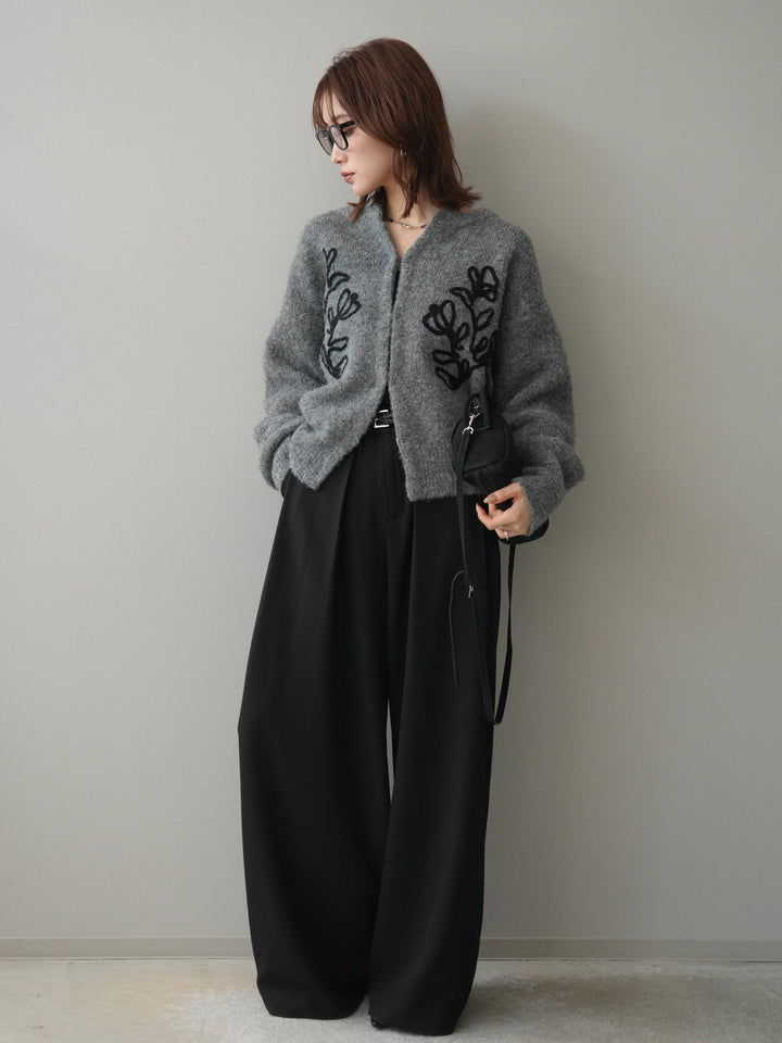 [SET]テープ刺繍ホック開きブークレニットカーディガン+ベルトループデザインワイドパンツ(2set)