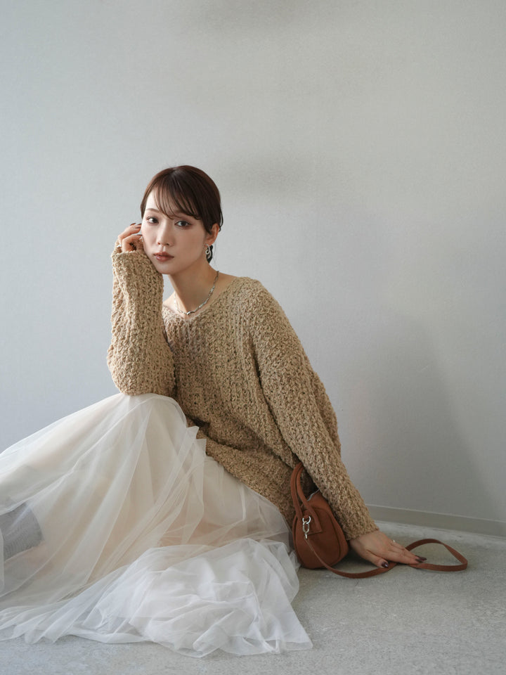 [予約]ポコポコVネックニットプルオーバー/ベージュ