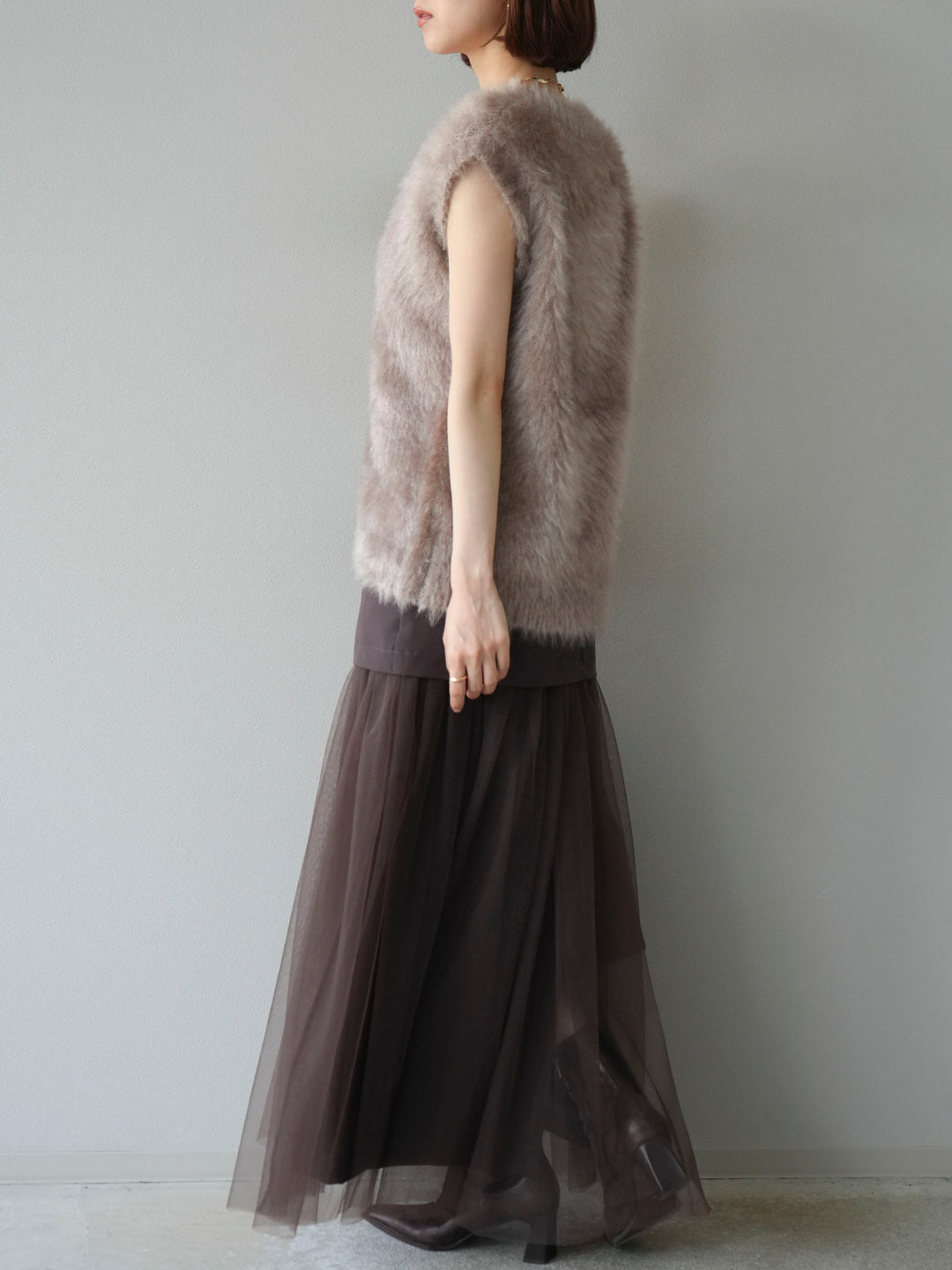 [予約]エステル切替チュールスカート/ブラウン