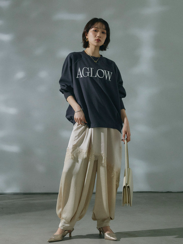 【Allure】[SET]ブークレダンボールロゴ刺繍プルオーバー+ワッシャーサテンタックジョガーパンツ+アシンメトリーサテンレースキャミソール(3set)