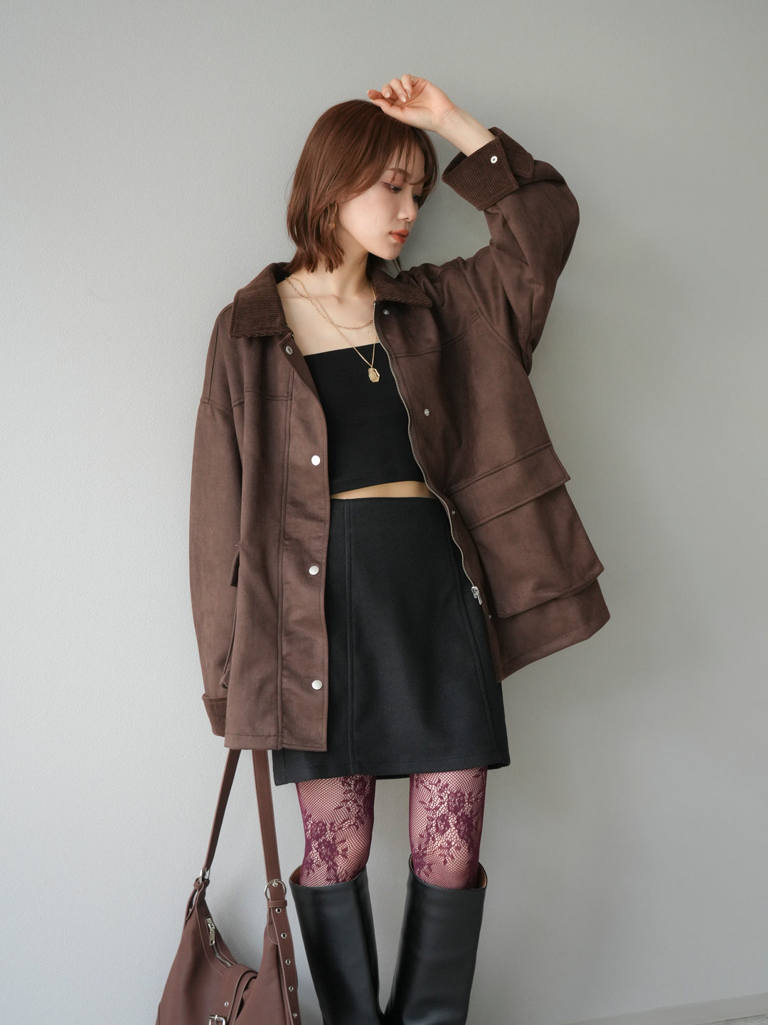 [予約]コーデュロイ襟スウェードミドルジャケット /ブラウン